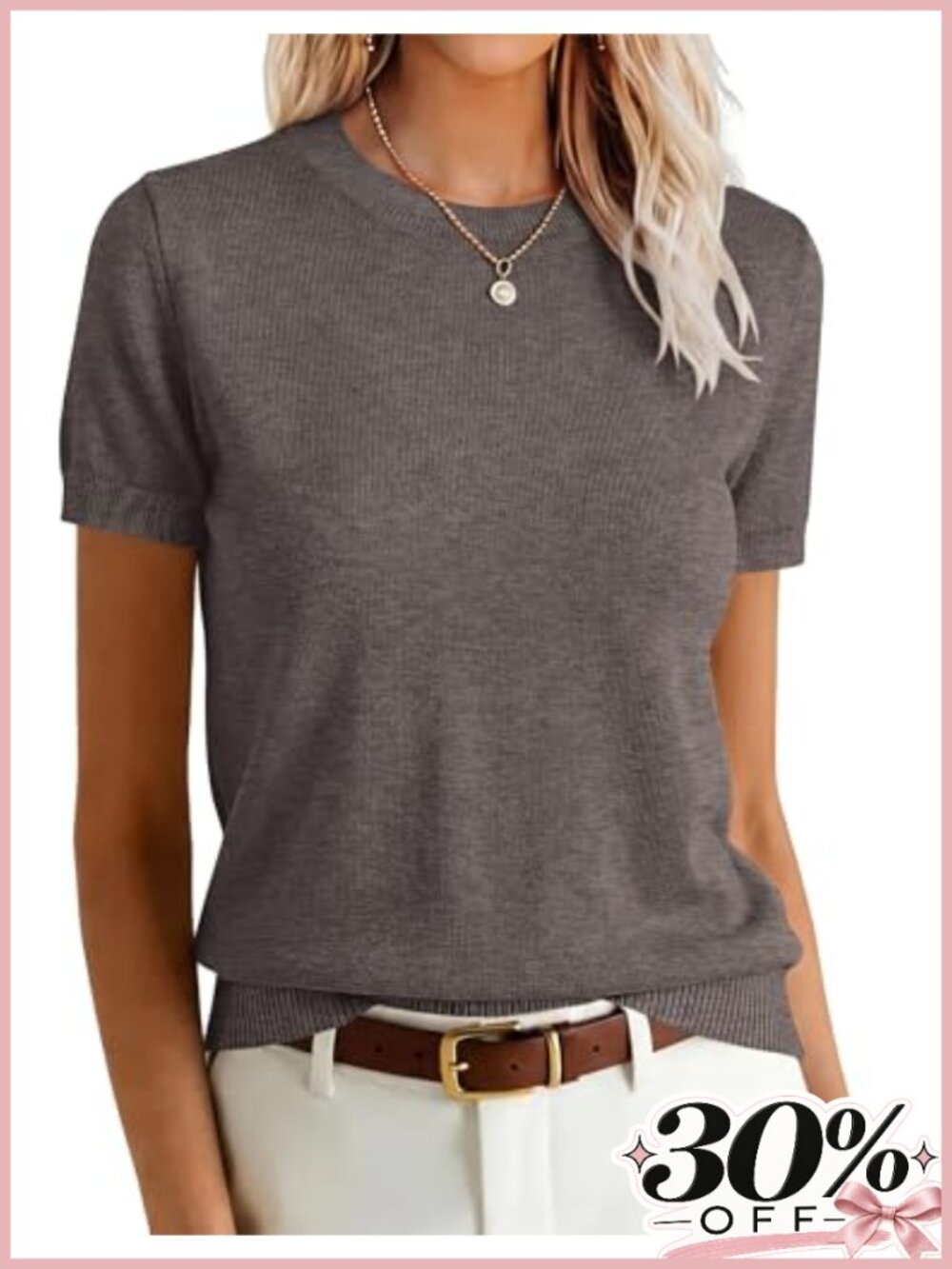 Wool Blend Short Sleeve Knit Sweater Crew Neck Pullover